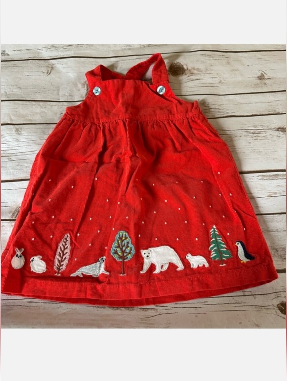 Mini Boden Red Corduroy Pinnie Dress Woodland Animal Embroidery Cottage Fall New